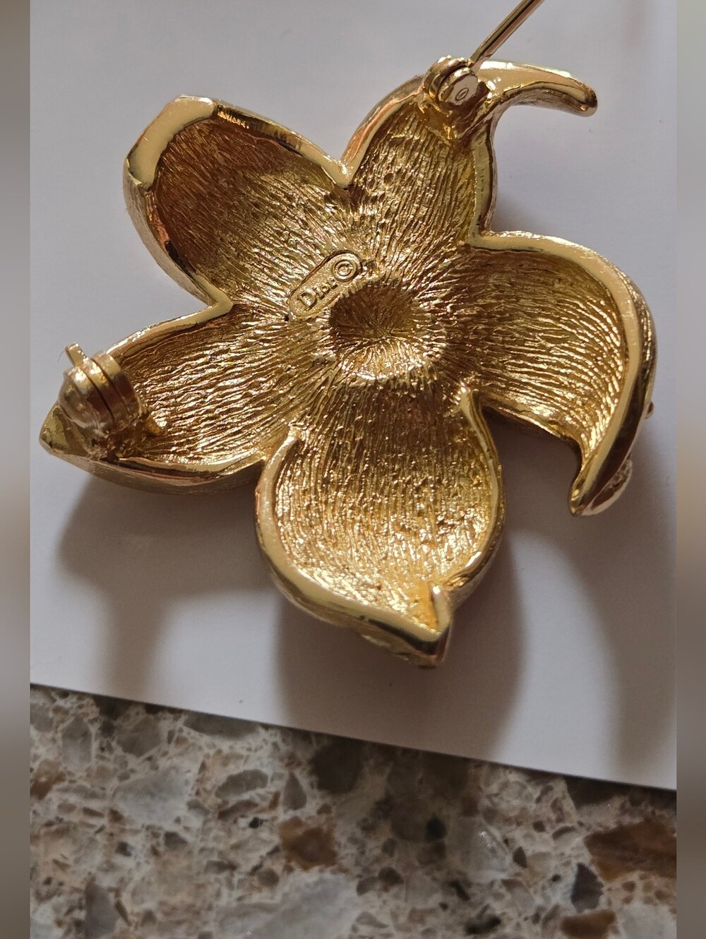 Dior Gold Plated Crystal Flower Brooch with Pearl Center - Picture 9 of 16